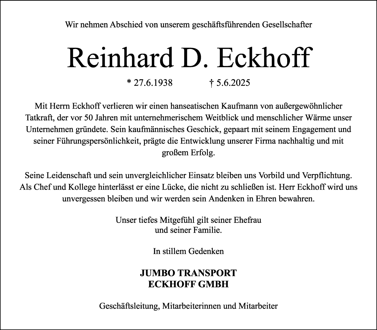 Traueranzeige von Reinhard Eckhoff von WESER-KURIER