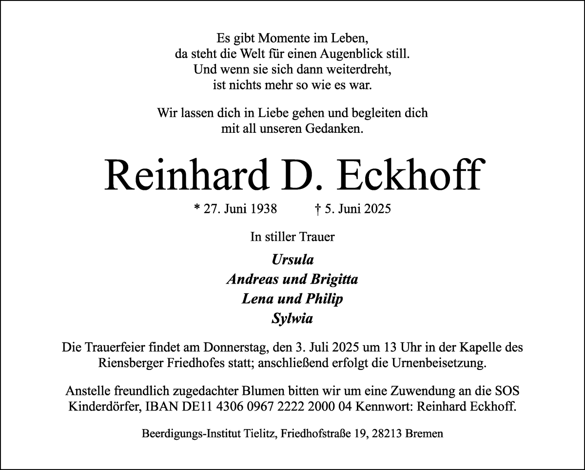 Traueranzeige von Reinhard Eckhoff von WESER-KURIER