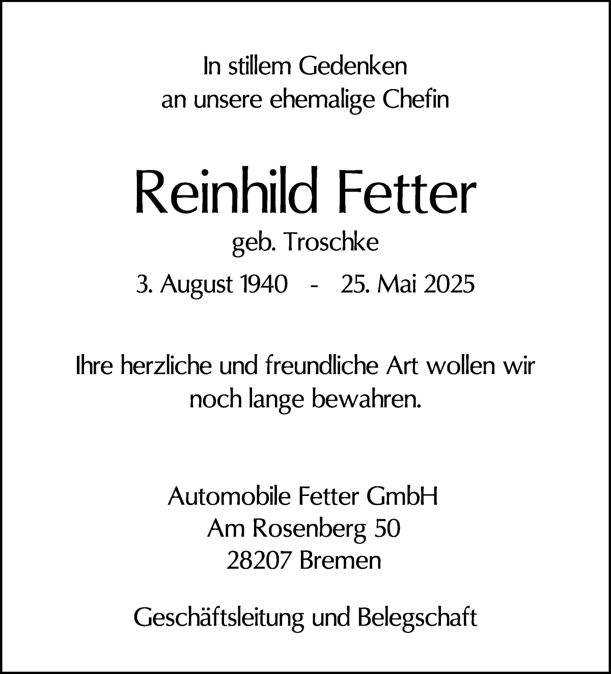 Traueranzeige von Reinhild Fetter von WESER-KURIER