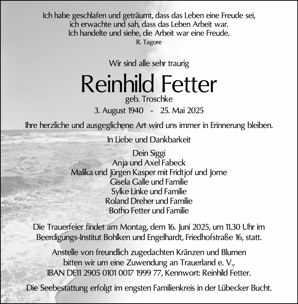 Traueranzeige von Reinhild Fetter von WESER-KURIER