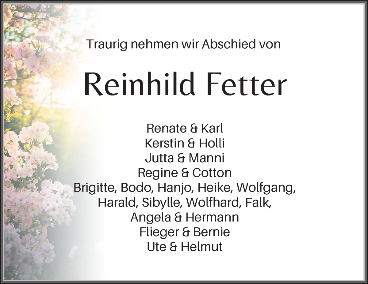 Traueranzeige von Reinhild Fetter von WESER-KURIER