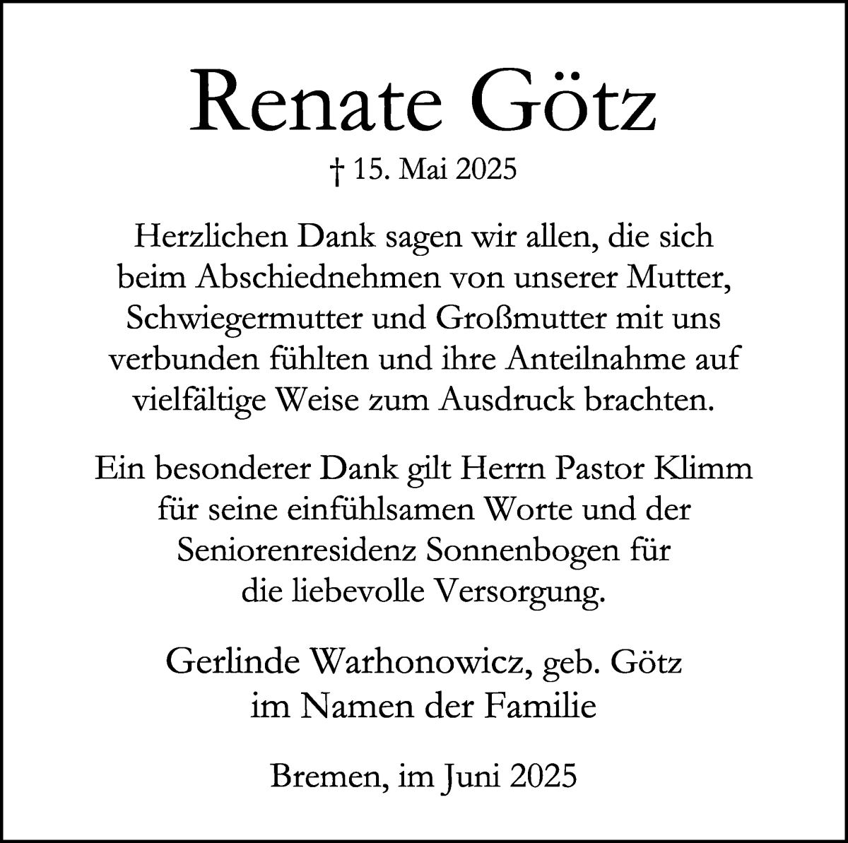 Traueranzeige von Renate Götz von WESER-KURIER