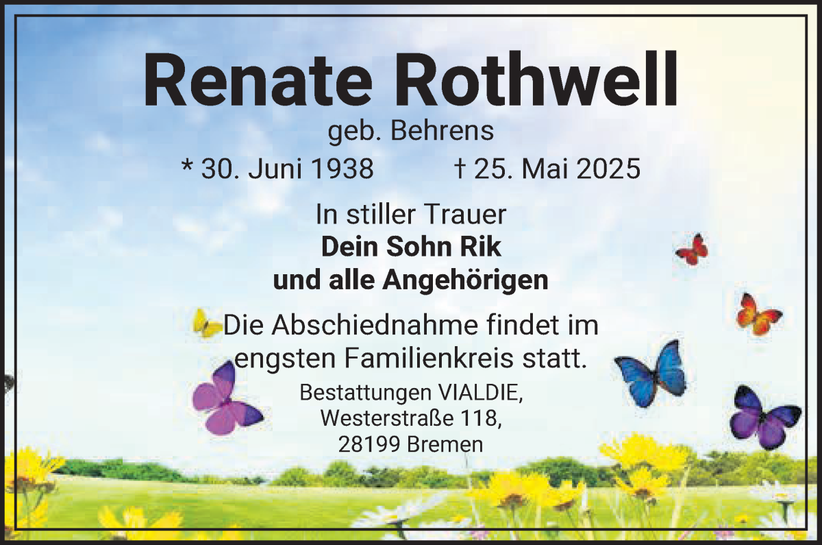 Traueranzeige von Renate Rothwell von WESER-KURIER