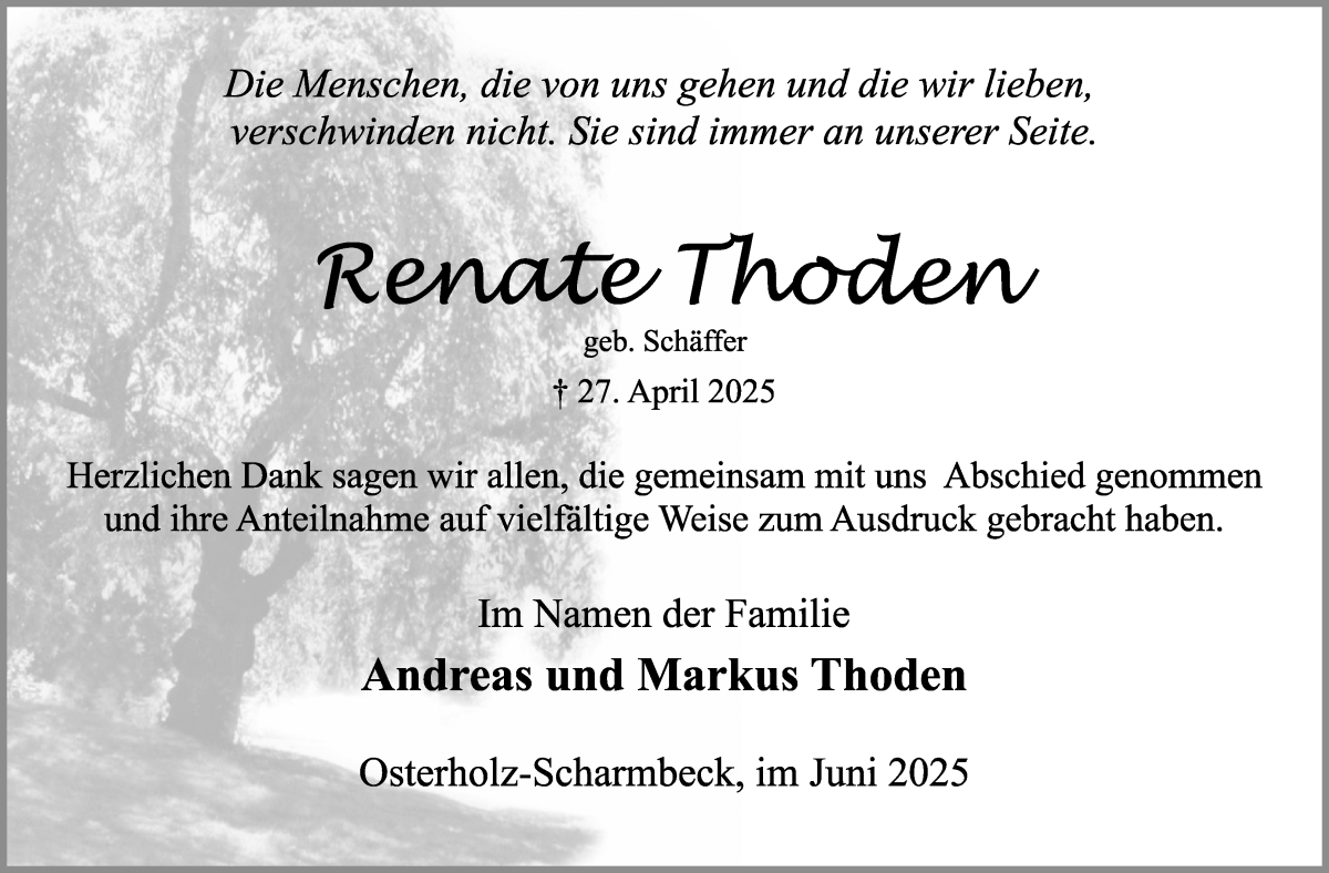 Traueranzeige von Renate Thoden von Osterholzer Kreisblatt