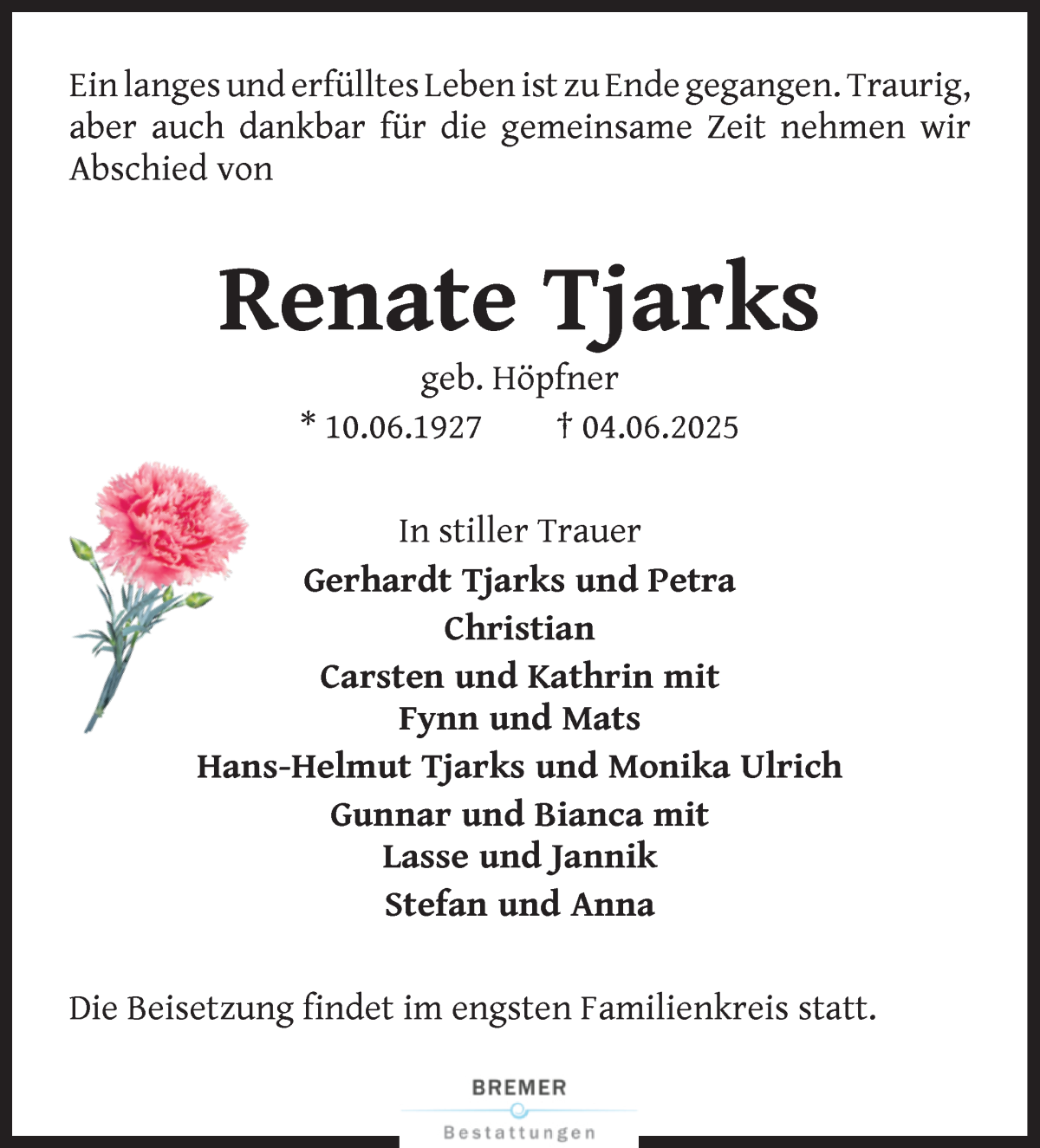 Traueranzeige von Renate Tjarks von WESER-KURIER