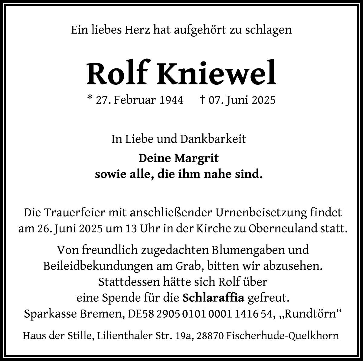 Traueranzeige von Rolf Kniewel von WESER-KURIER