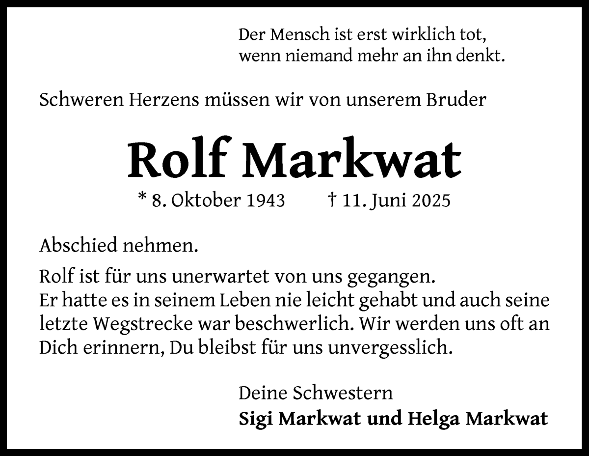 Traueranzeige von Rolf Markwat von WESER-KURIER
