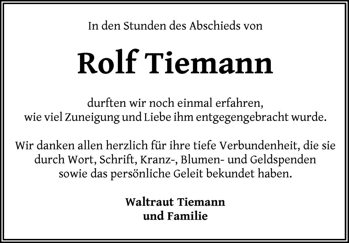 Traueranzeige von Rolf Tiemann von Wuemme Zeitung