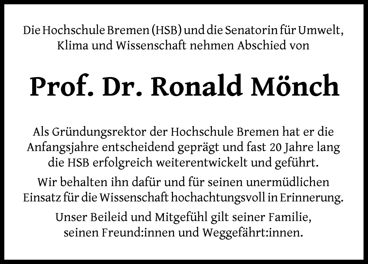 Traueranzeige von Ronald Mönch von WESER-KURIER