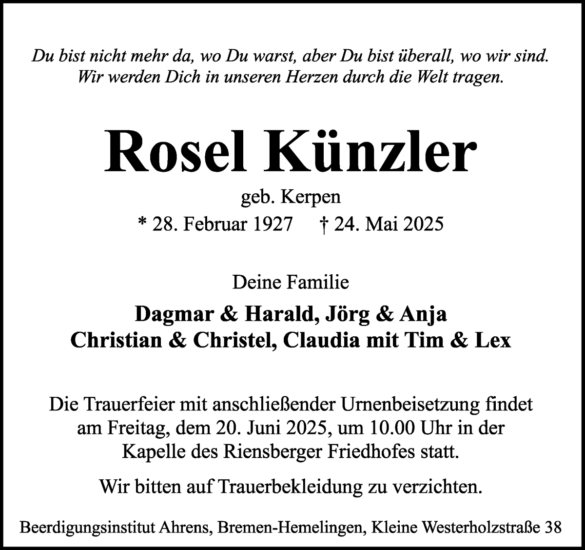 Traueranzeige von Rosel Künzler von WESER-KURIER