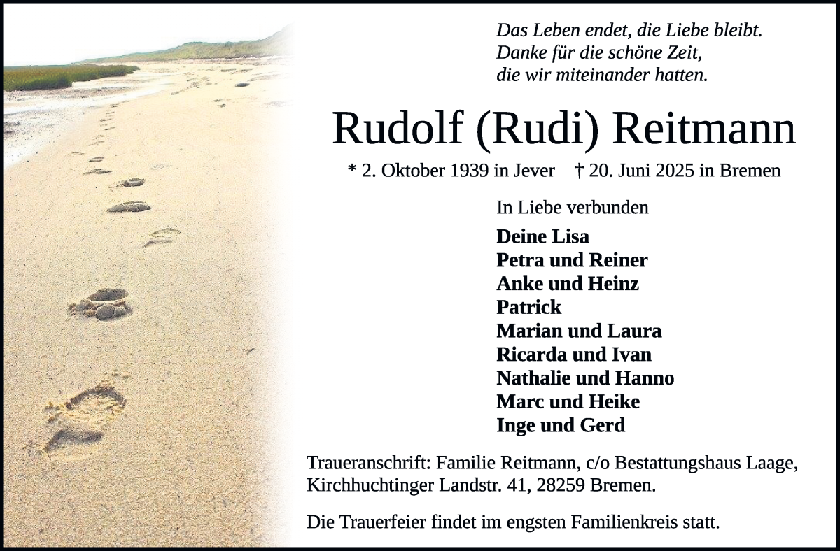 Traueranzeige von Rudolf  Reitmann von WESER-KURIER