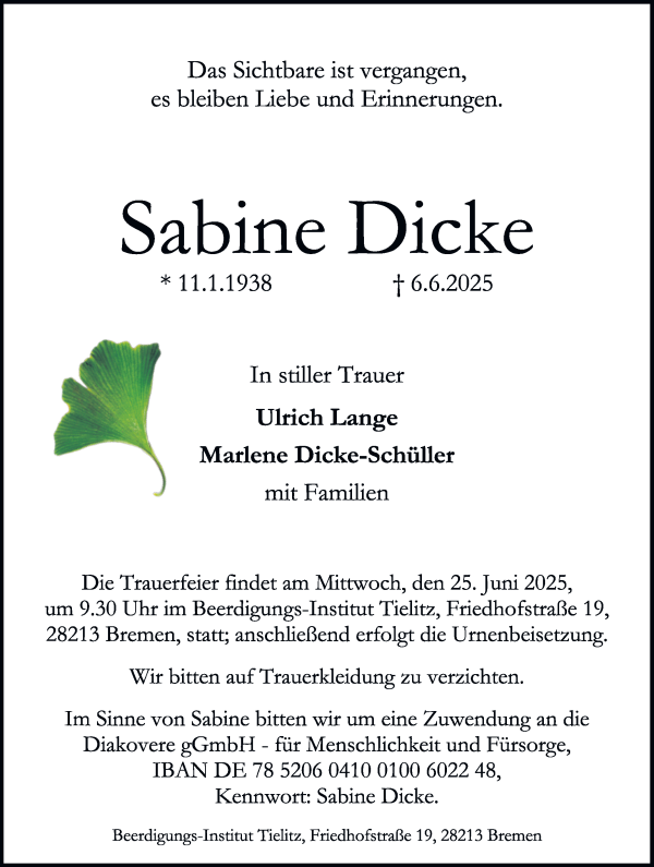 Traueranzeige von Sabine Dicke von WESER-KURIER