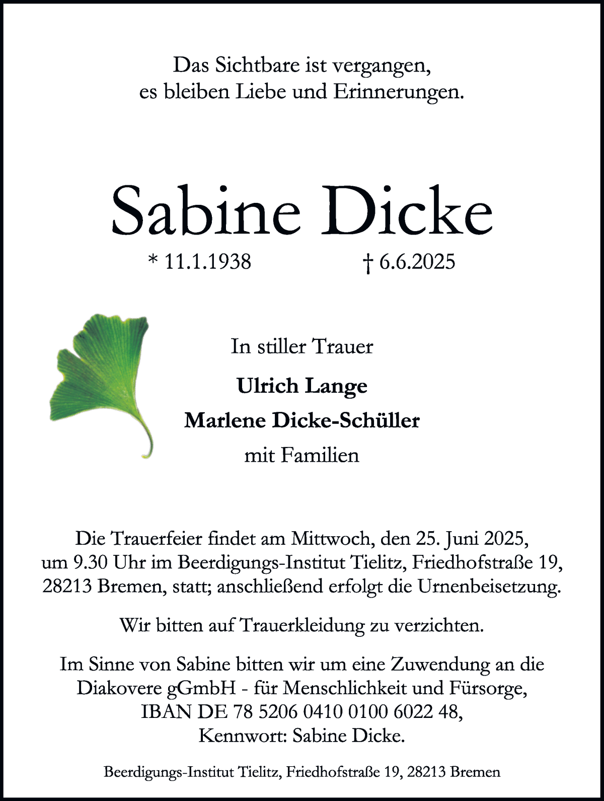 Traueranzeige von Sabine Dicke von WESER-KURIER