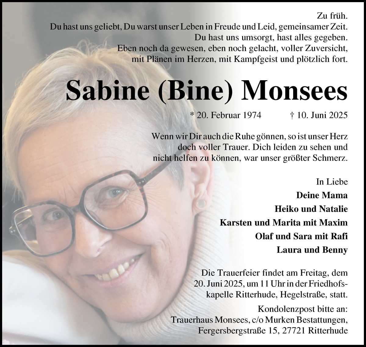 Traueranzeige von Sabine Monsees von Osterholzer Kreisblatt