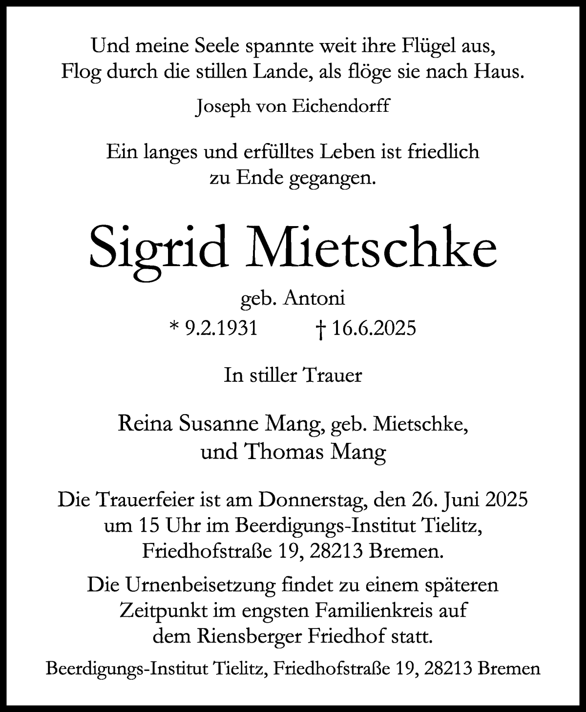 Traueranzeige von Sigrid Mietschke von WESER-KURIER