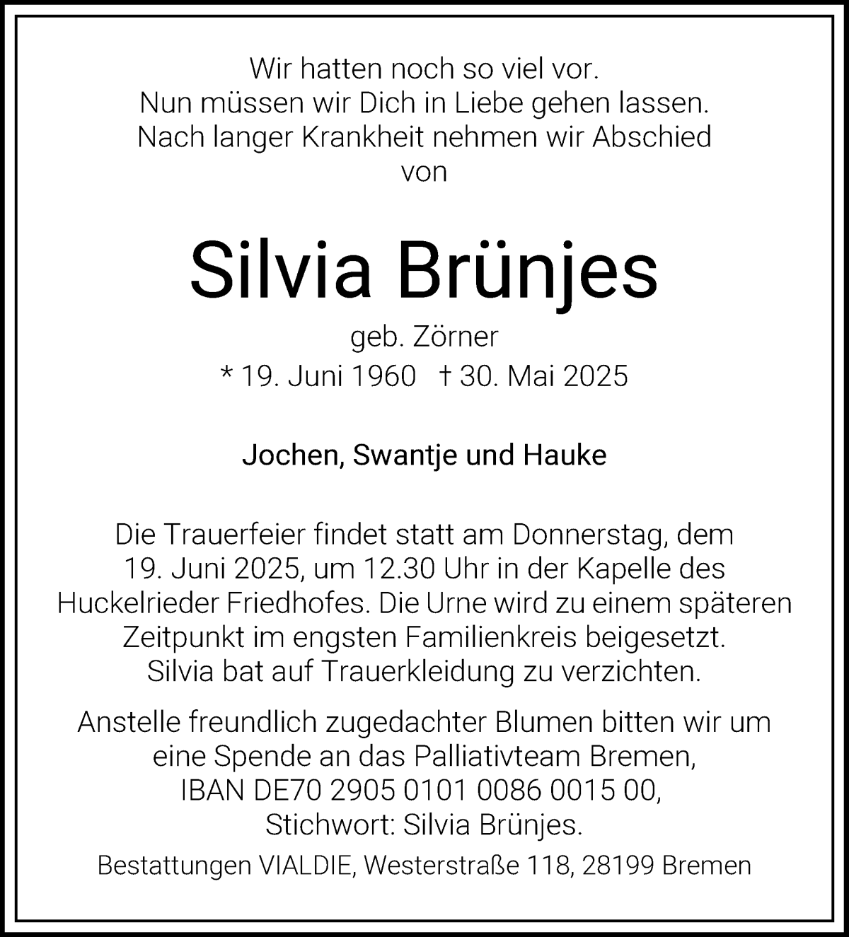 Traueranzeige von Silvia Brünjes von WESER-KURIER