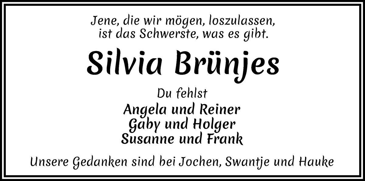 Traueranzeige von Silvia Brünjes von WESER-KURIER