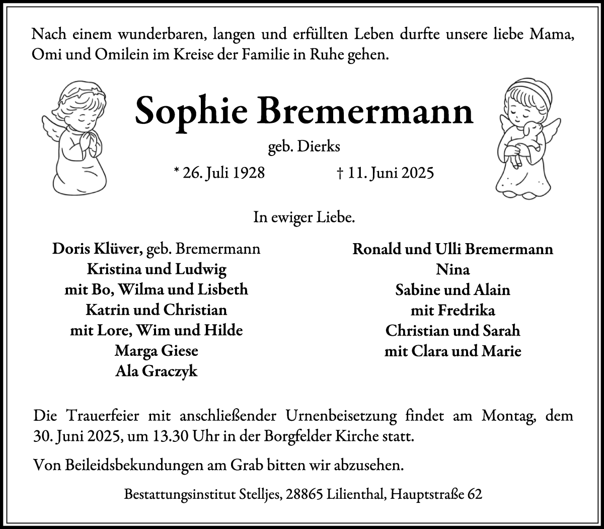 Traueranzeige von Sophie Bremermann von Wuemme Zeitung