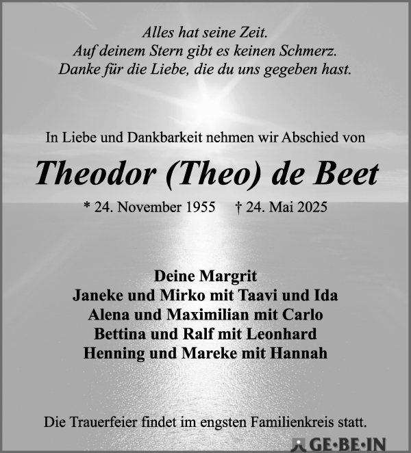 Traueranzeige von Theodor de Beet von WESER-KURIER