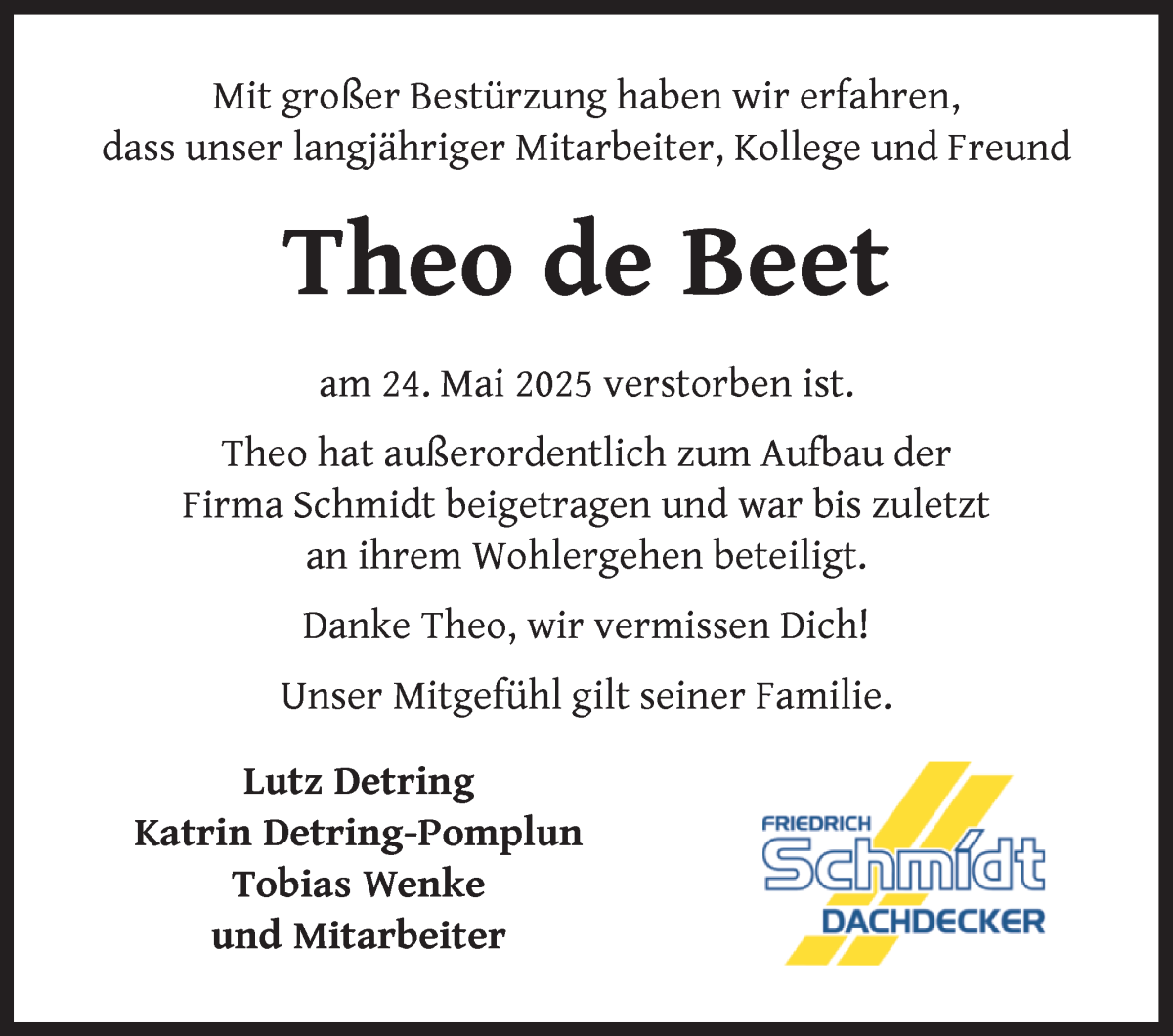 Traueranzeige von Theodor de Beet von WESER-KURIER