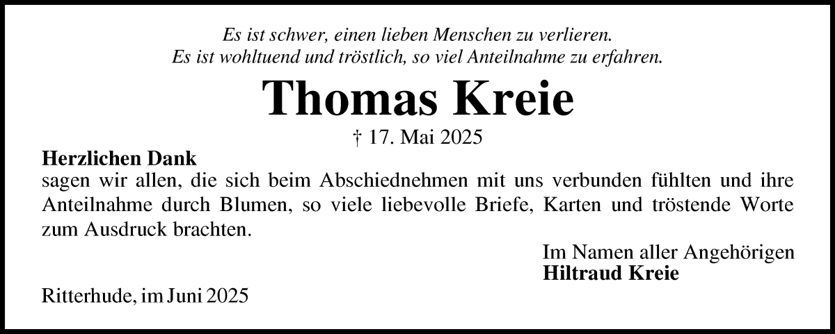 Traueranzeige von Thomas Kreie von Osterholzer Kreisblatt