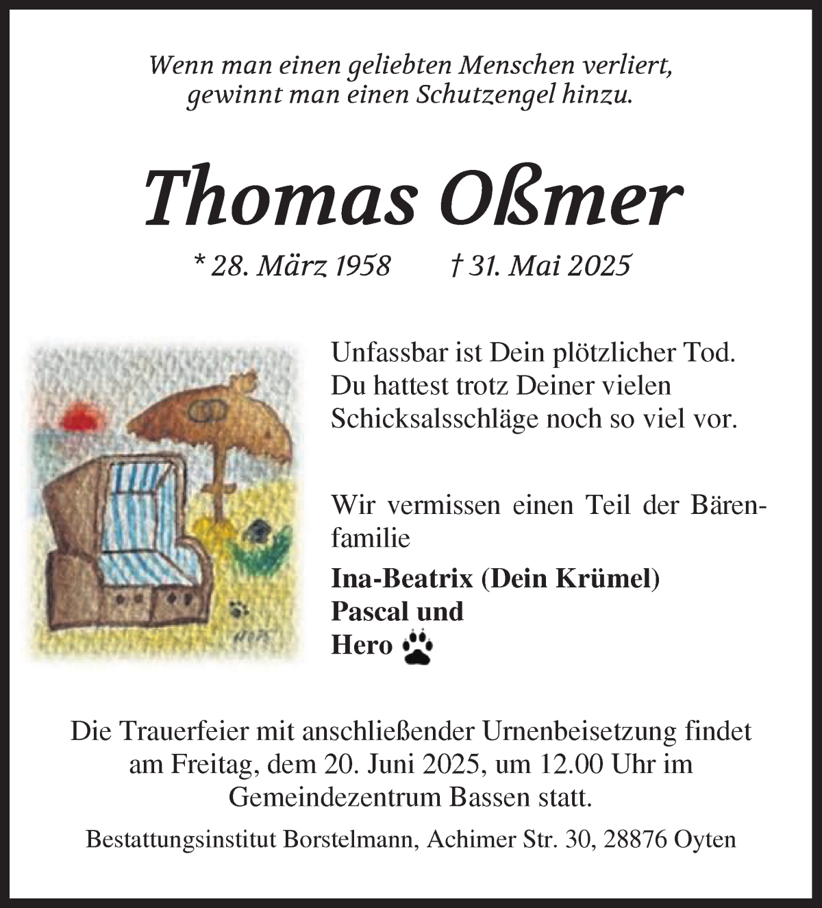 Traueranzeige von Thomas Oßmer von WESER-KURIER