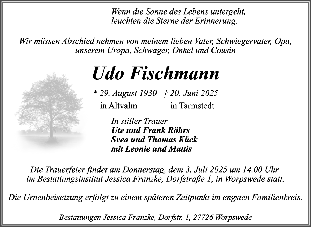 Traueranzeige von Udo Fischmann von Wuemme Zeitung