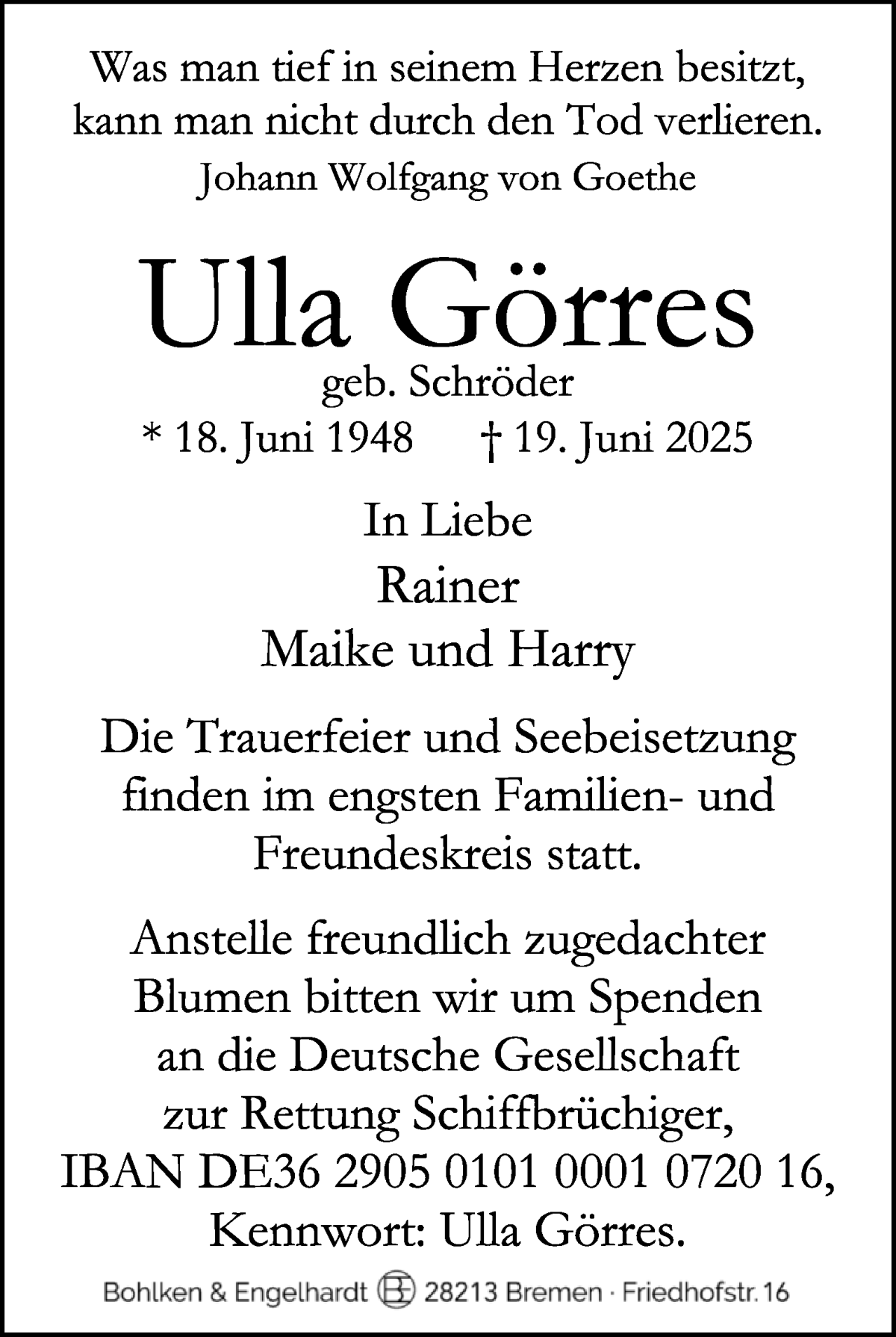 Traueranzeige von Ulla Görres von WESER-KURIER