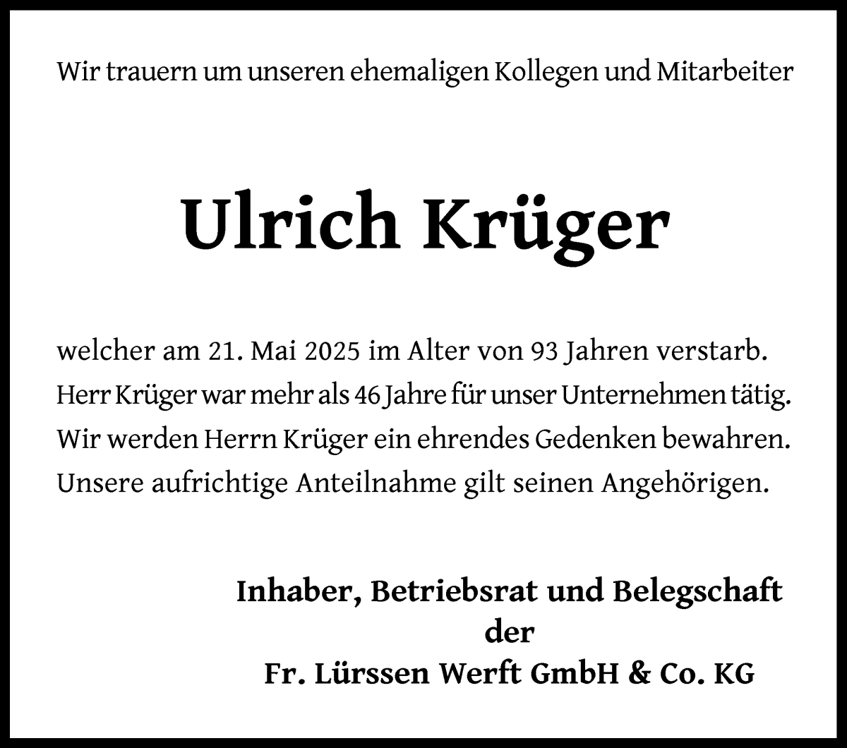 Traueranzeige von Ulrich Krüger von Die Norddeutsche