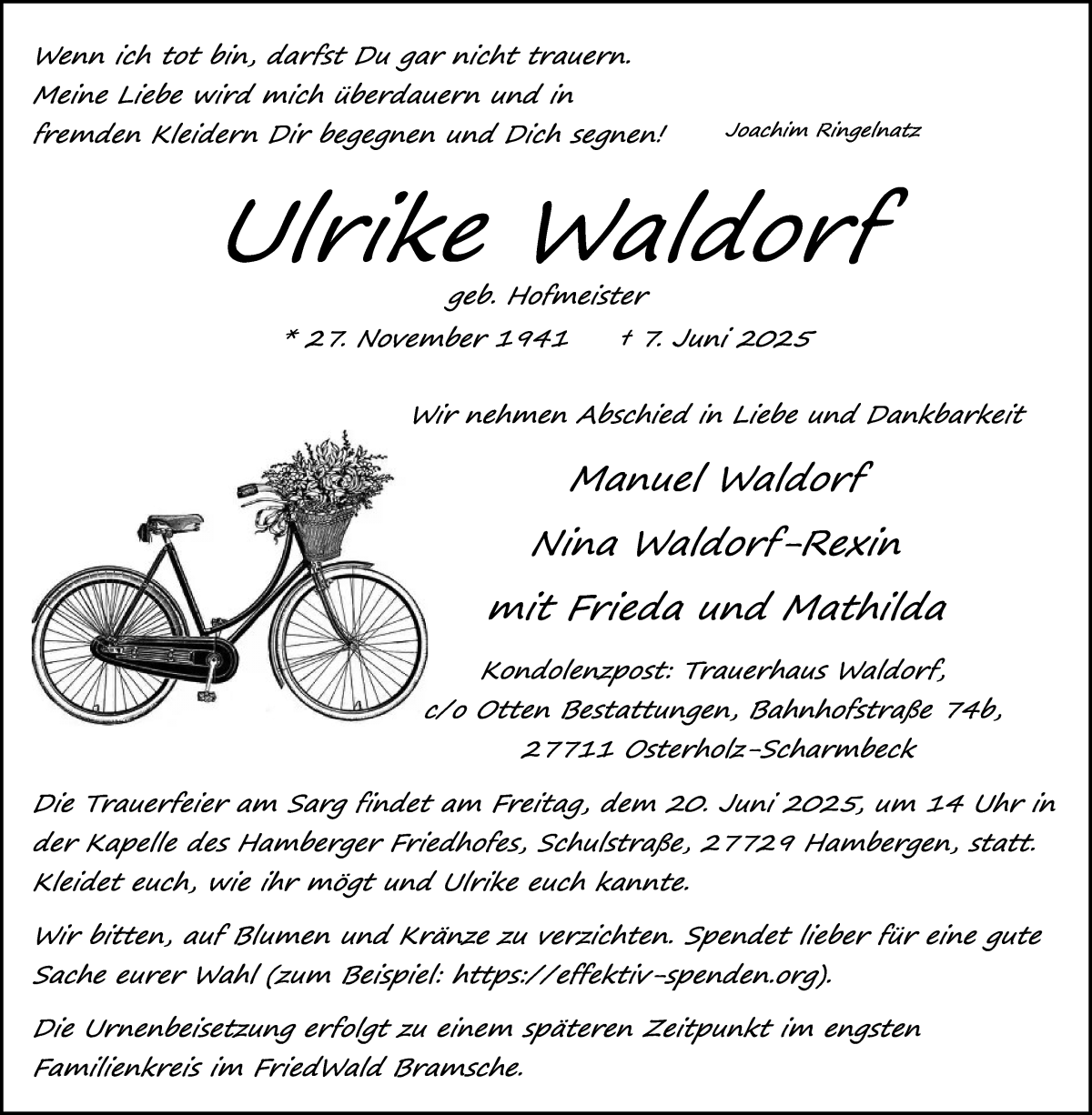 Traueranzeige von Ulrike Waldorf von Osterholzer Kreisblatt
