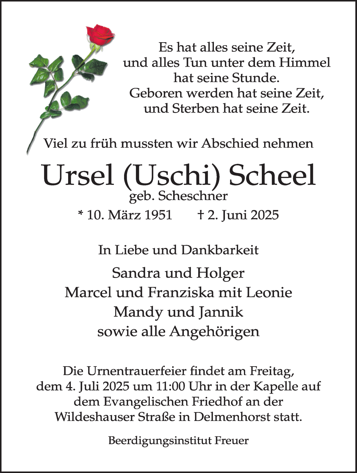Traueranzeige von Ursel Schell von WESER-KURIER