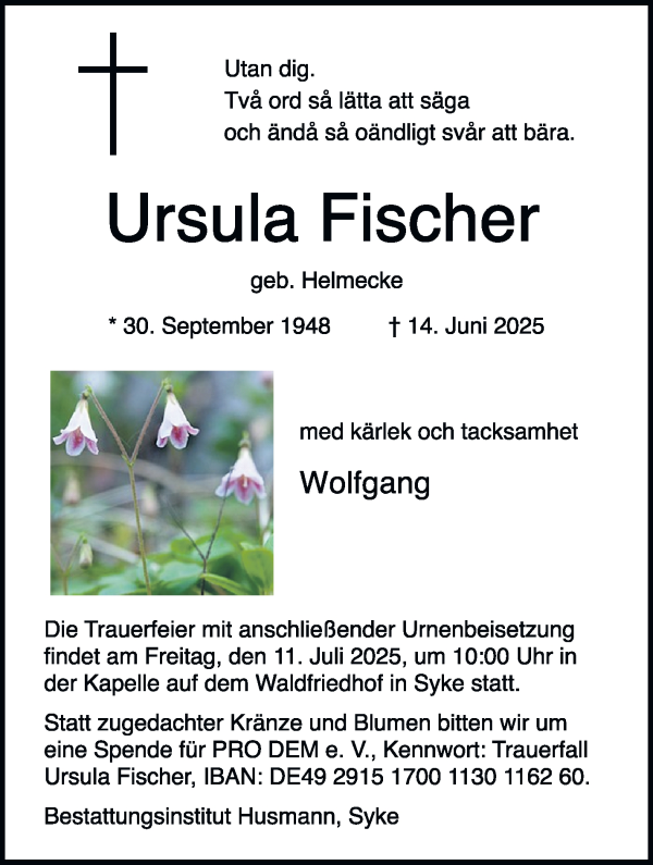 Traueranzeige von Ursula Fischer von WESER-KURIER
