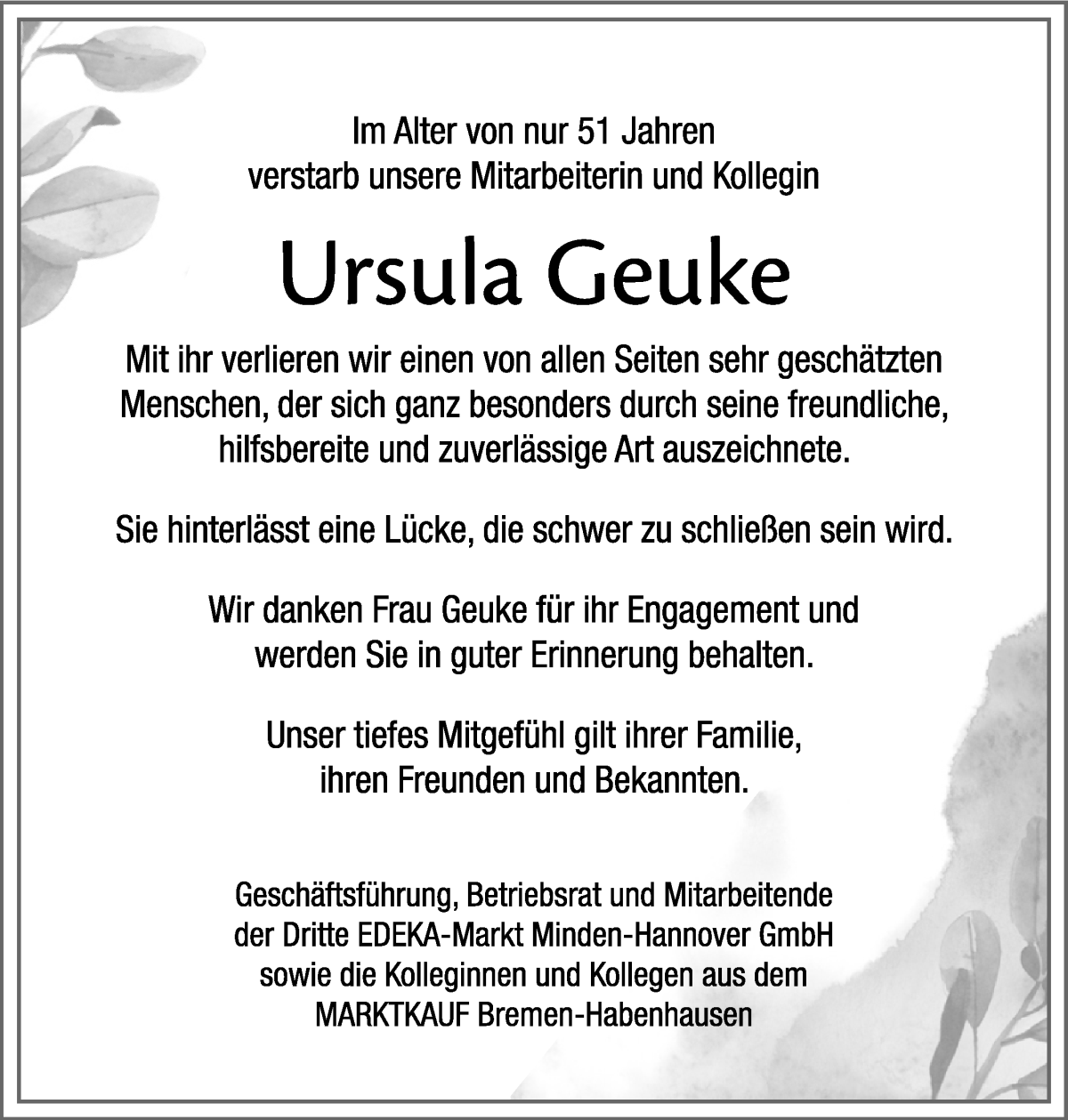 Traueranzeige von Ursula Geuke von WESER-KURIER