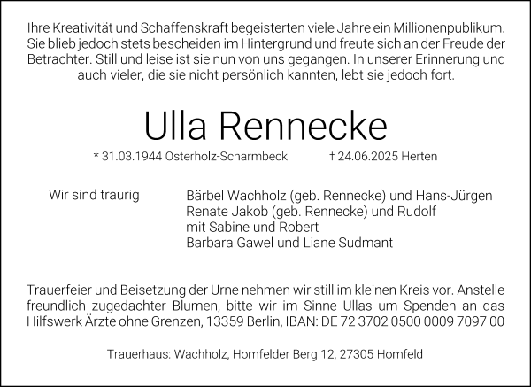 Traueranzeige von Ursula Rennecke von WESER-KURIER