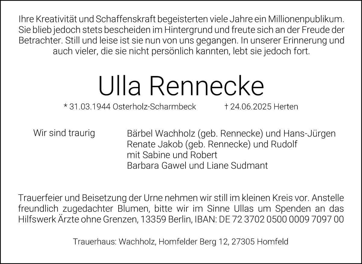 Traueranzeige von Ursula Rennecke von WESER-KURIER