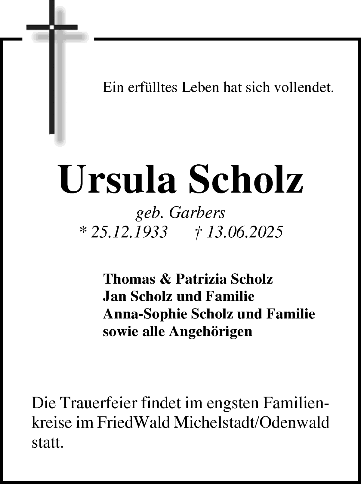 Traueranzeige von Ursula Scholz von WESER-KURIER
