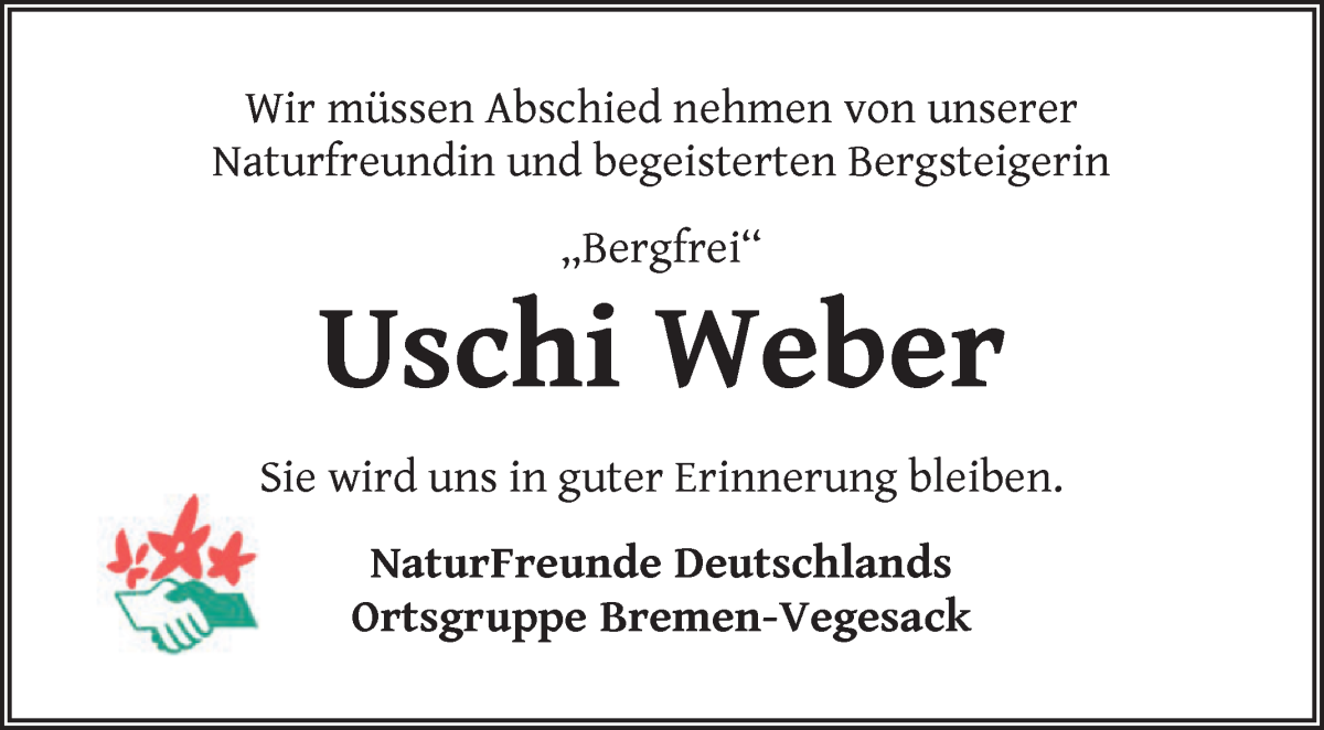 Traueranzeige von Ursula Weber von Die Norddeutsche