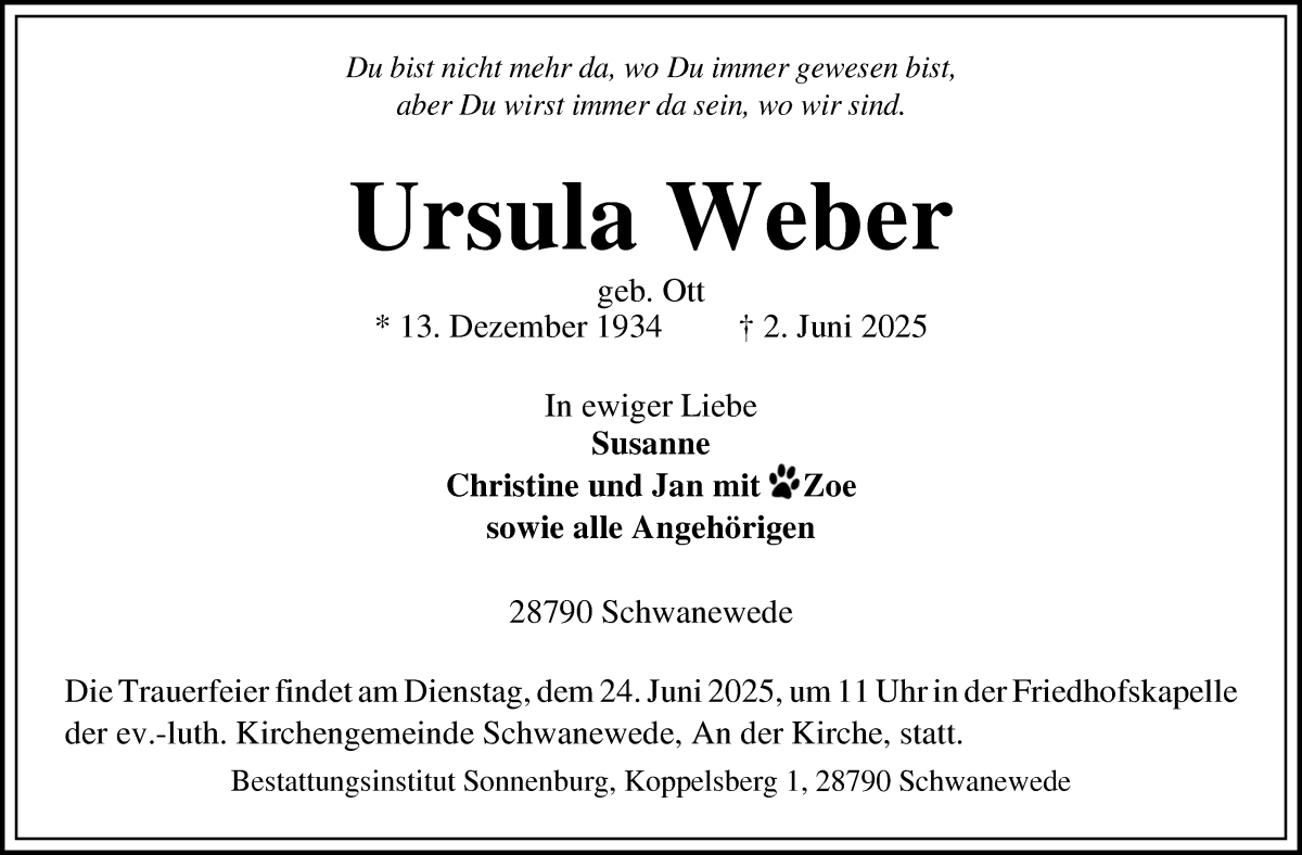 Traueranzeige von Ursula Weber von Die Norddeutsche