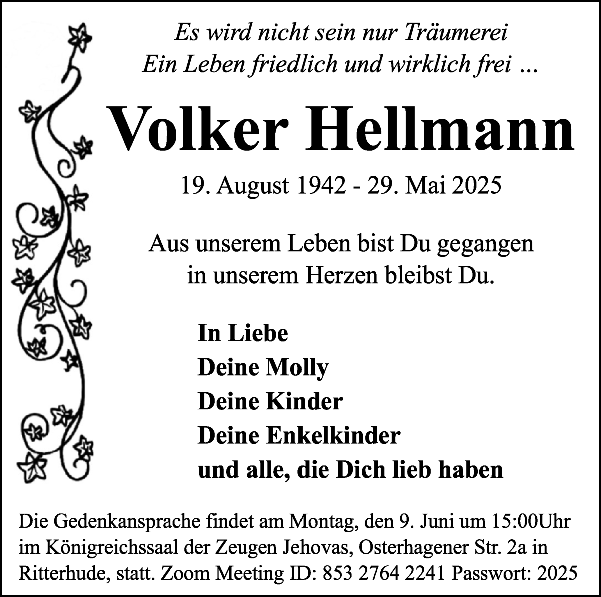 Traueranzeige von Volker Hellmann von WESER-KURIER