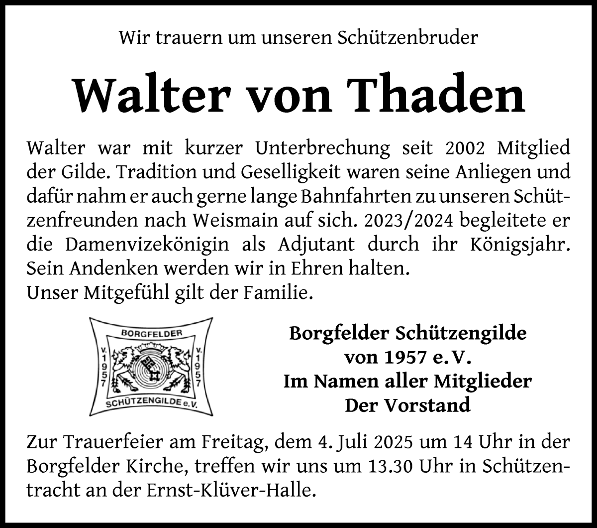 Traueranzeige von Walter von Thaden von Wuemme Zeitung