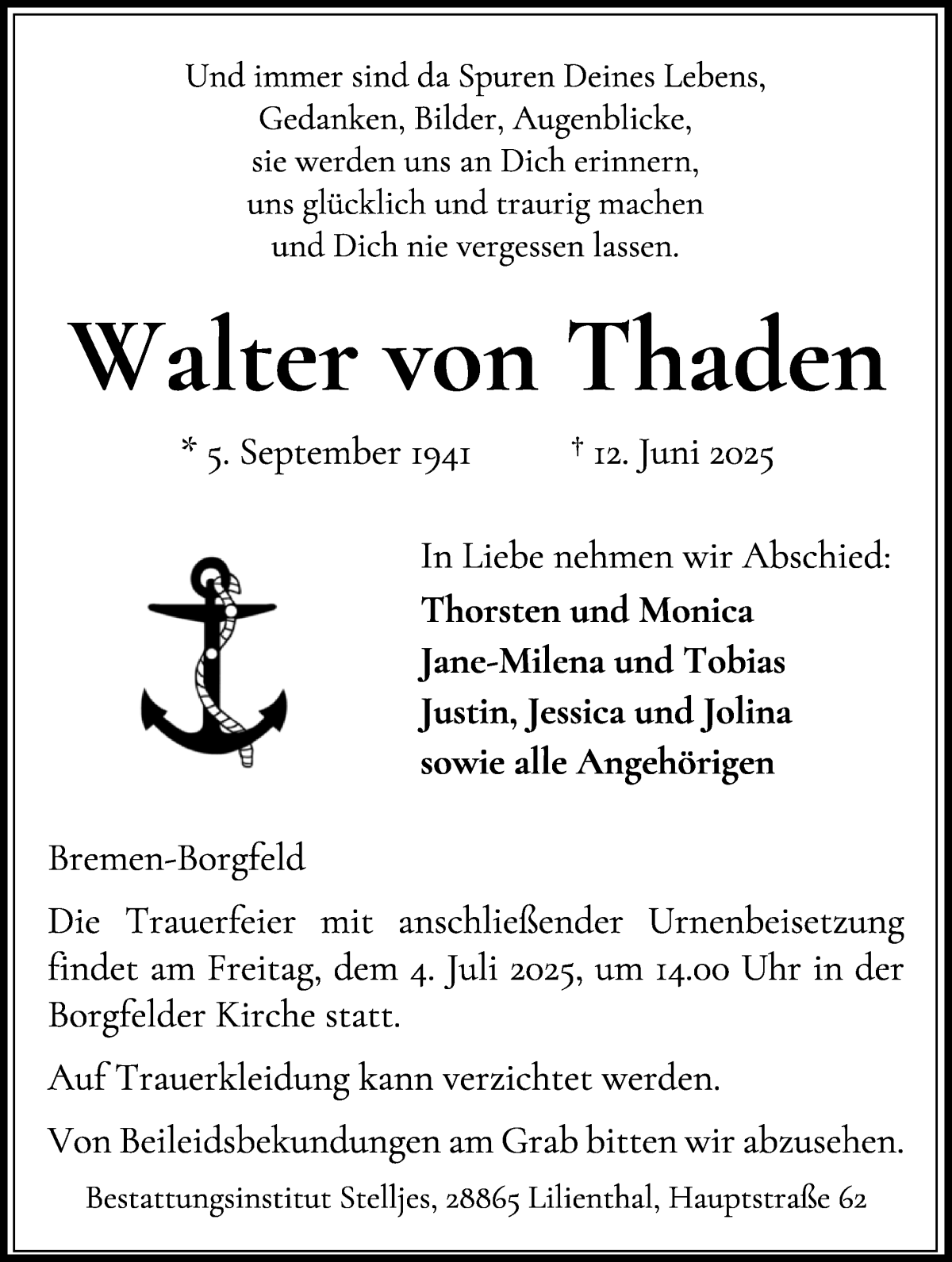 Traueranzeige von Walter von Thaden von Wuemme Zeitung