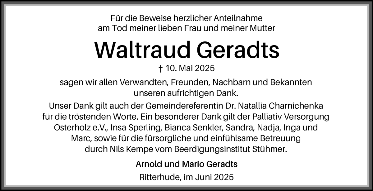 Traueranzeige von Waltraud Geradts von Osterholzer Kreisblatt