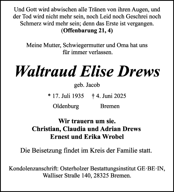 Traueranzeige von Waltraud Elise Drews von WESER-KURIER