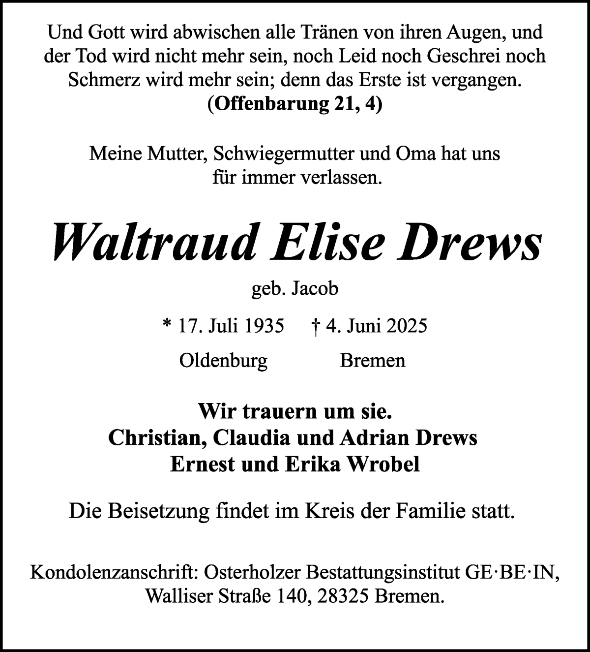 Traueranzeige von Waltraud Elise Drews von WESER-KURIER
