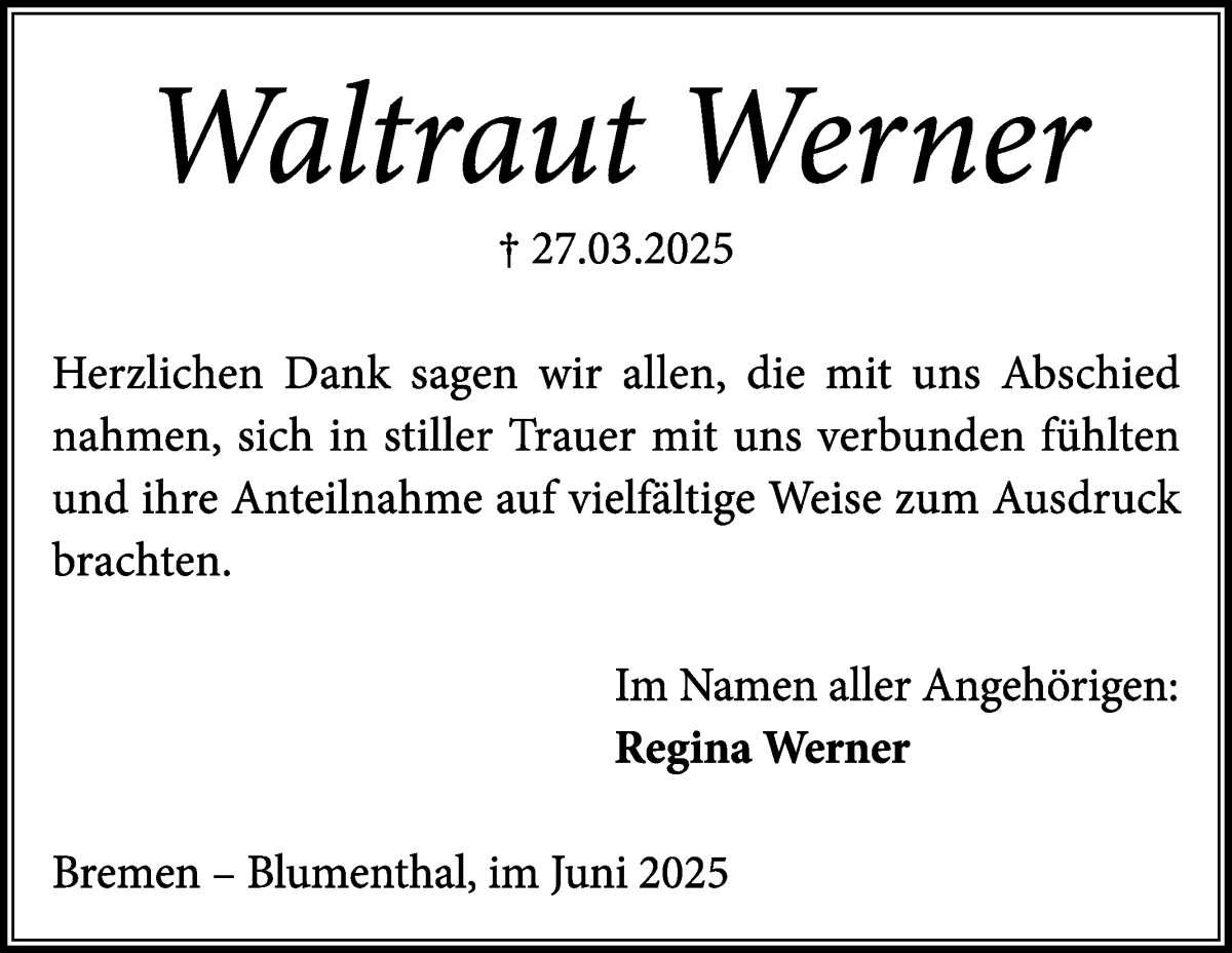 Traueranzeige von Waltraut Werner von Die Norddeutsche