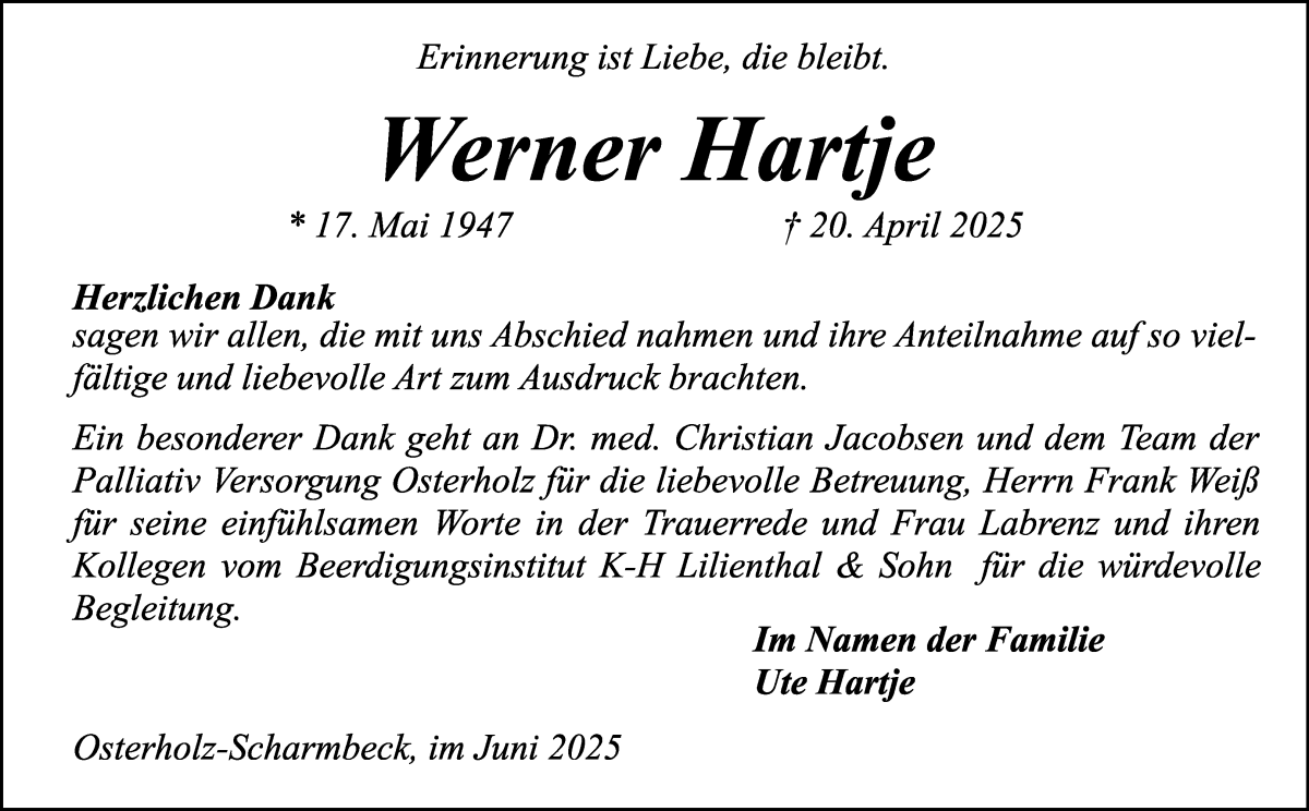 Traueranzeige von Werner Hartje von Osterholzer Kreisblatt