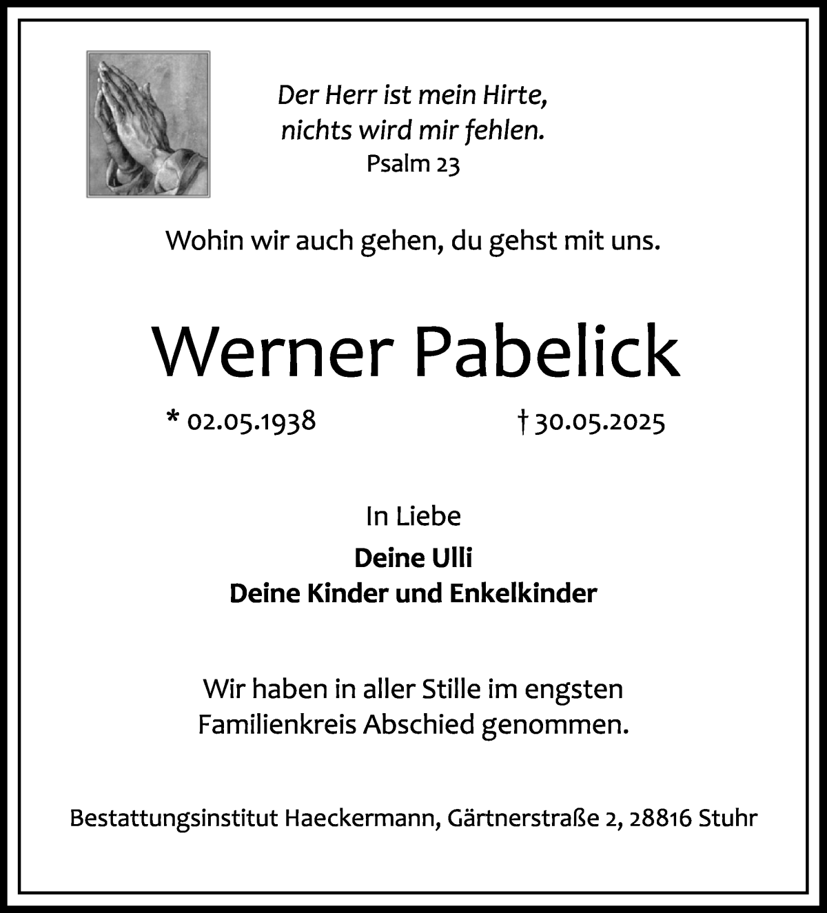 Traueranzeige von Werner Pabelick von WESER-KURIER