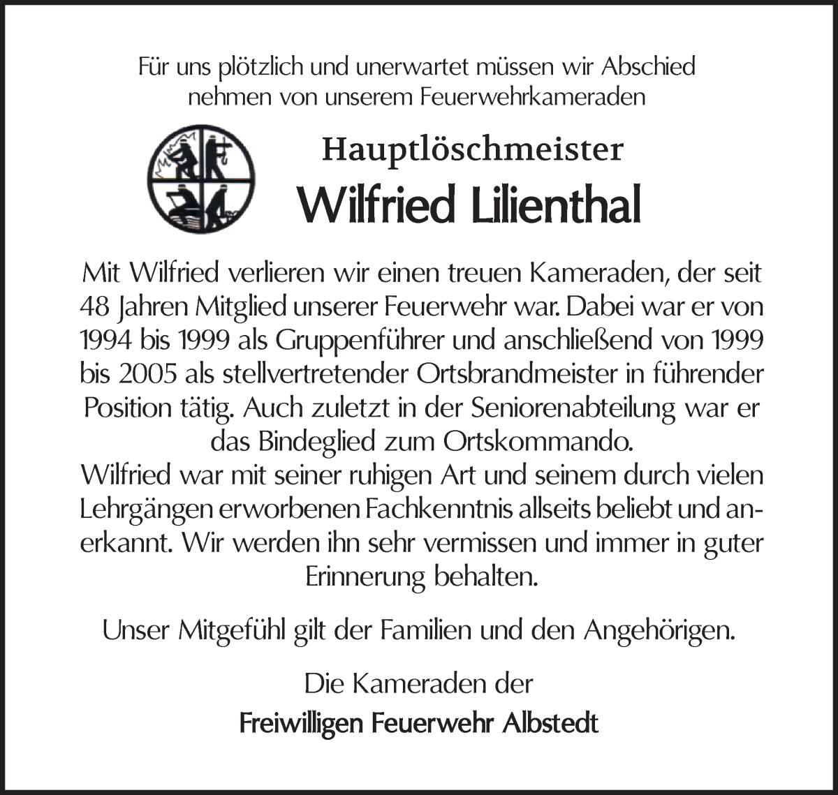 Traueranzeige von Wilfried Lilienthal von Osterholzer Kreisblatt