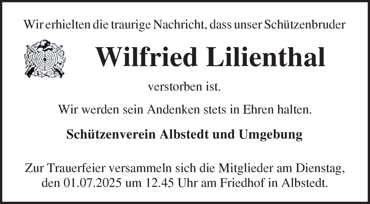 Traueranzeige von Wilfried Lilienthal von Osterholzer Kreisblatt