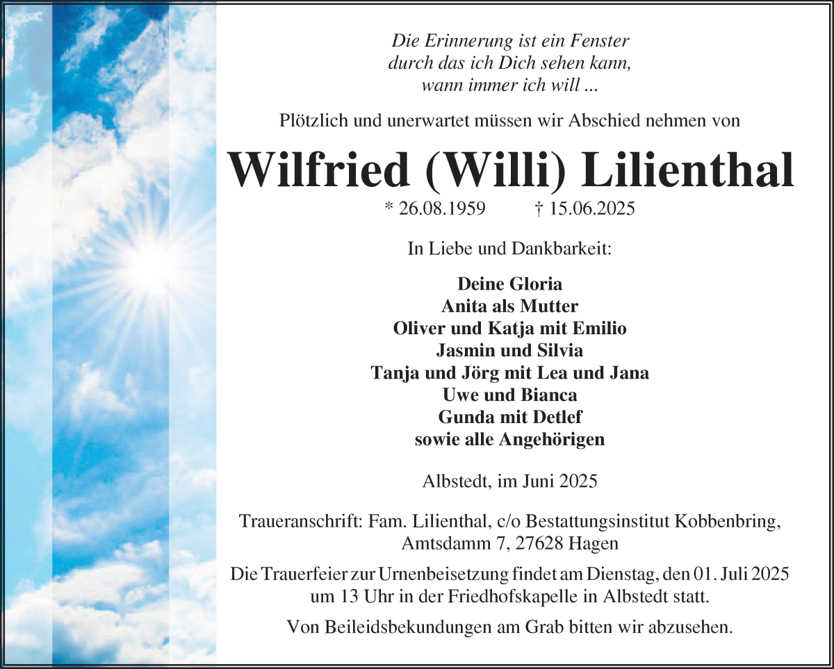 Traueranzeige von Wilfried Lilienthal von Osterholzer Kreisblatt